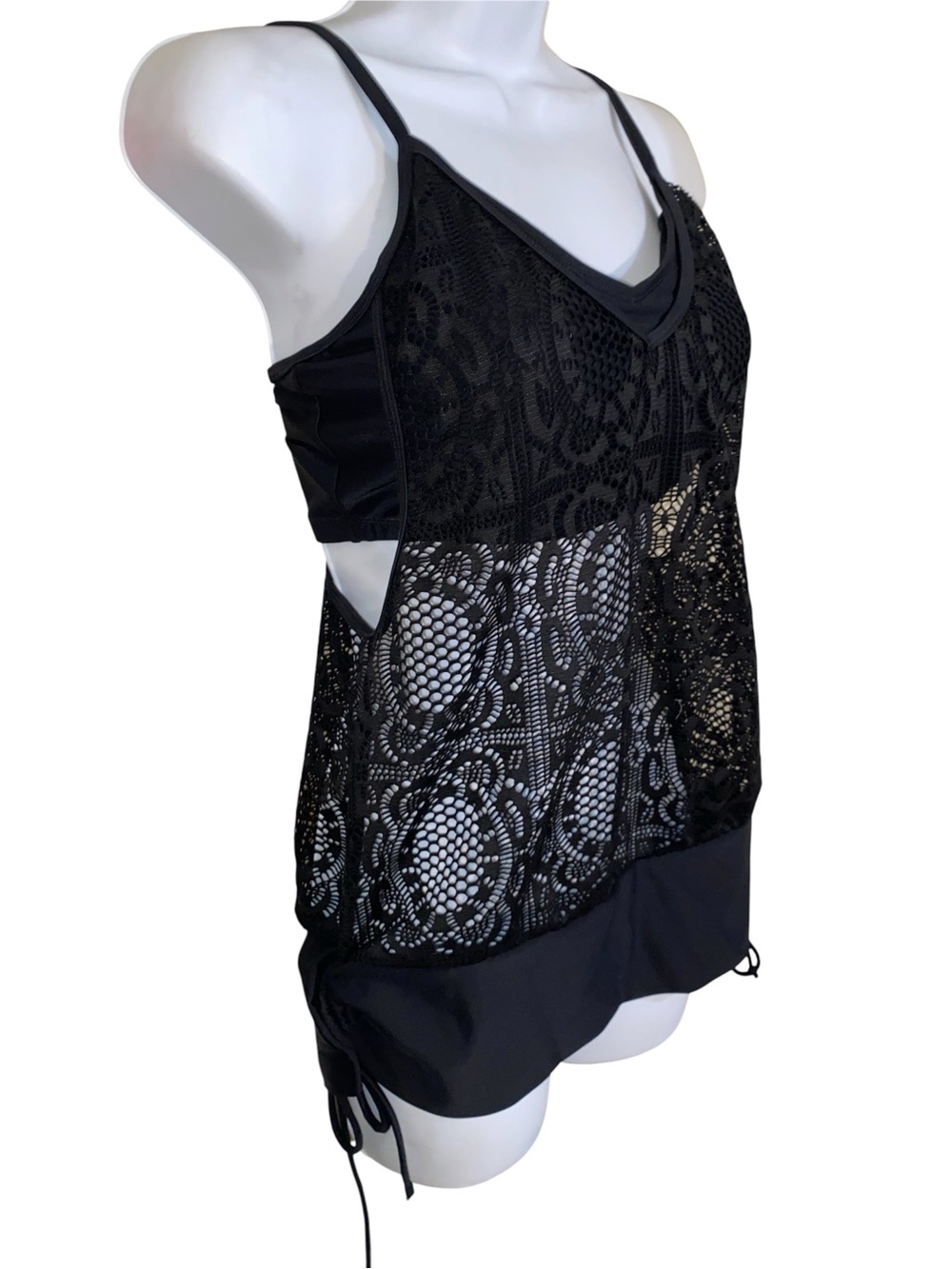 Black Crochet Mesh Tankini Swim Top - Size M